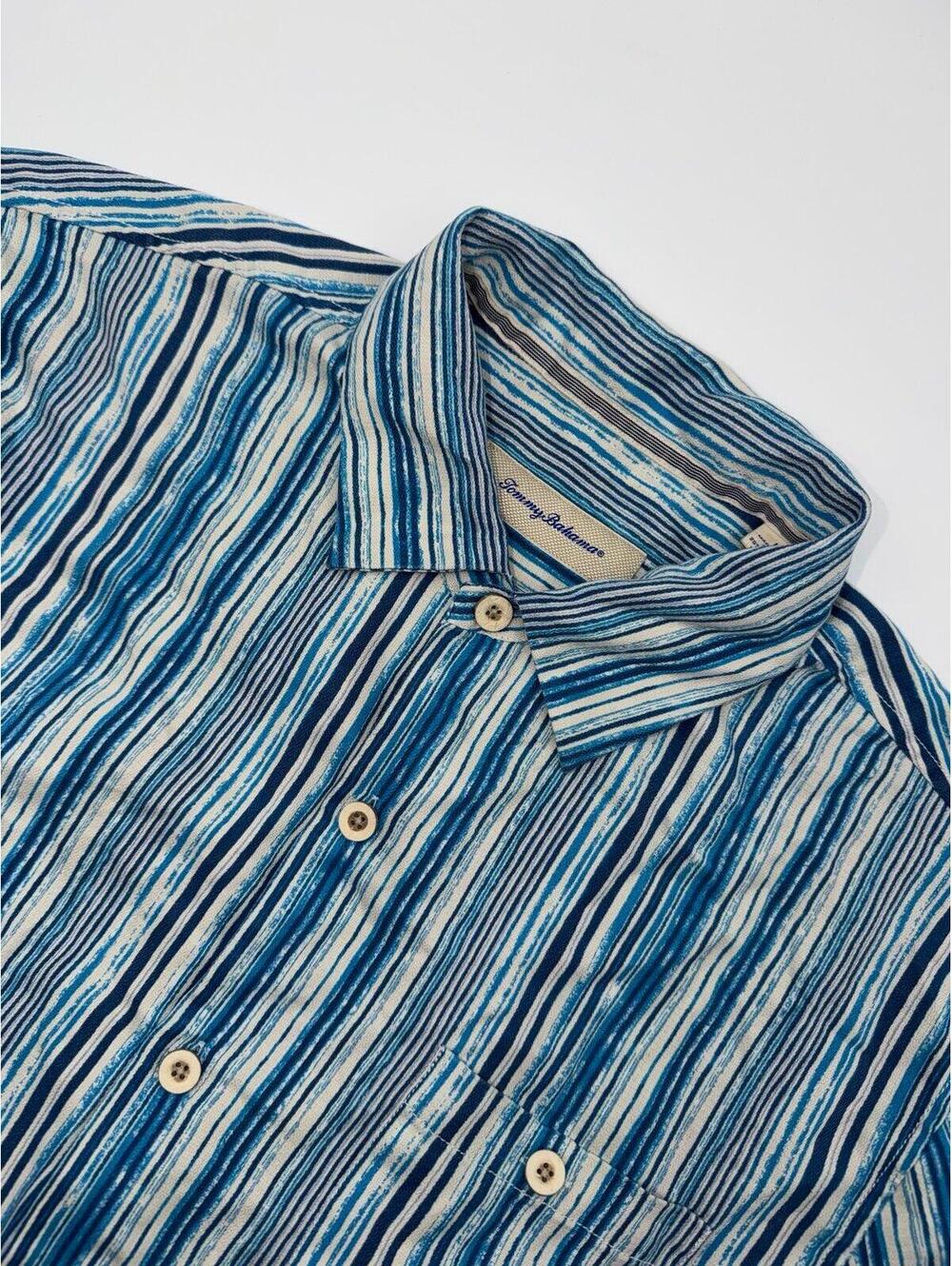 Tommy Bahama Mens Silk Blend Shirt Size Large Blue Stripes Resort Wear